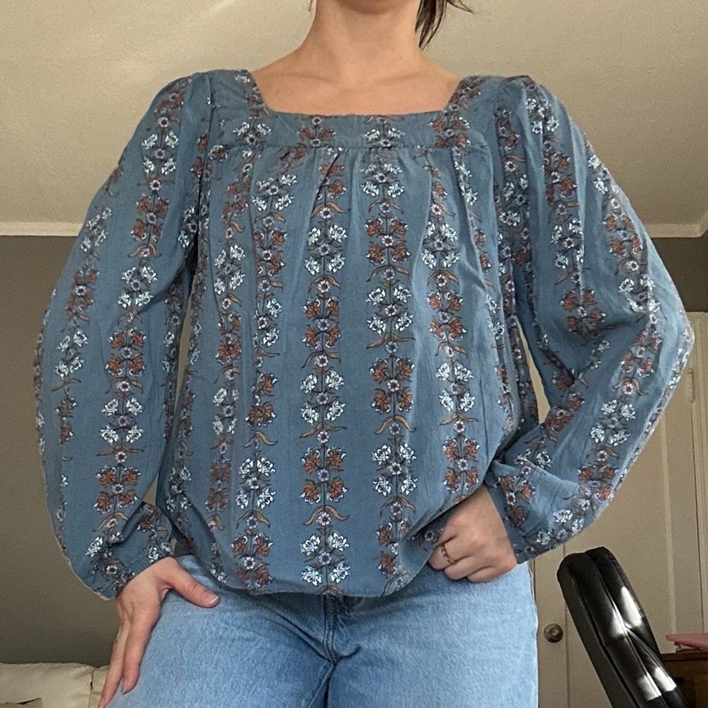 Sonoma Blue Flowy Blouse with Floral Details